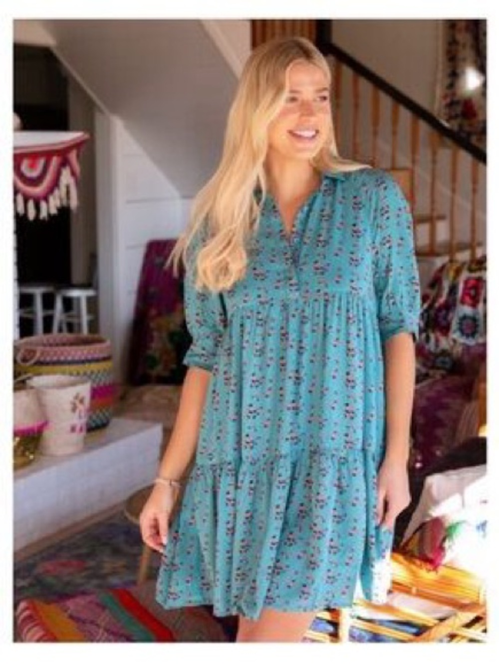 NATURAL LIFE Teal Floral Button-Front Tiered Mini